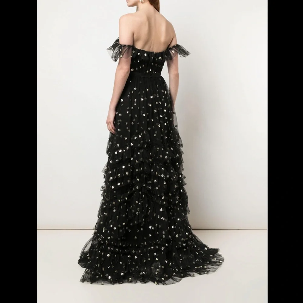 Marchesa Notte Off Shoulder Polka Dot Sequin Gown - Picture 3 of 12